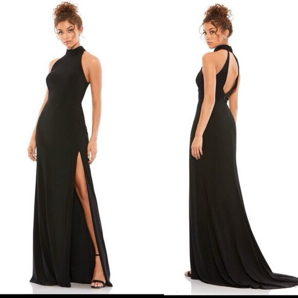 Ieena For Mac Duggal Black Mock-Neck Cutout Back Jersey Gown Size 0 $298 - Picture 1 of 6